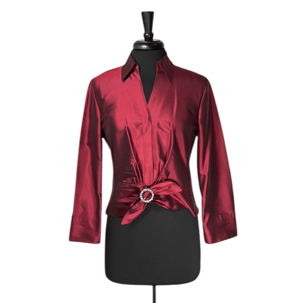 Talbots Women's Top Red Pure Silk Rhinestone Vintage Quiet Luxury Tie Blouse 6
